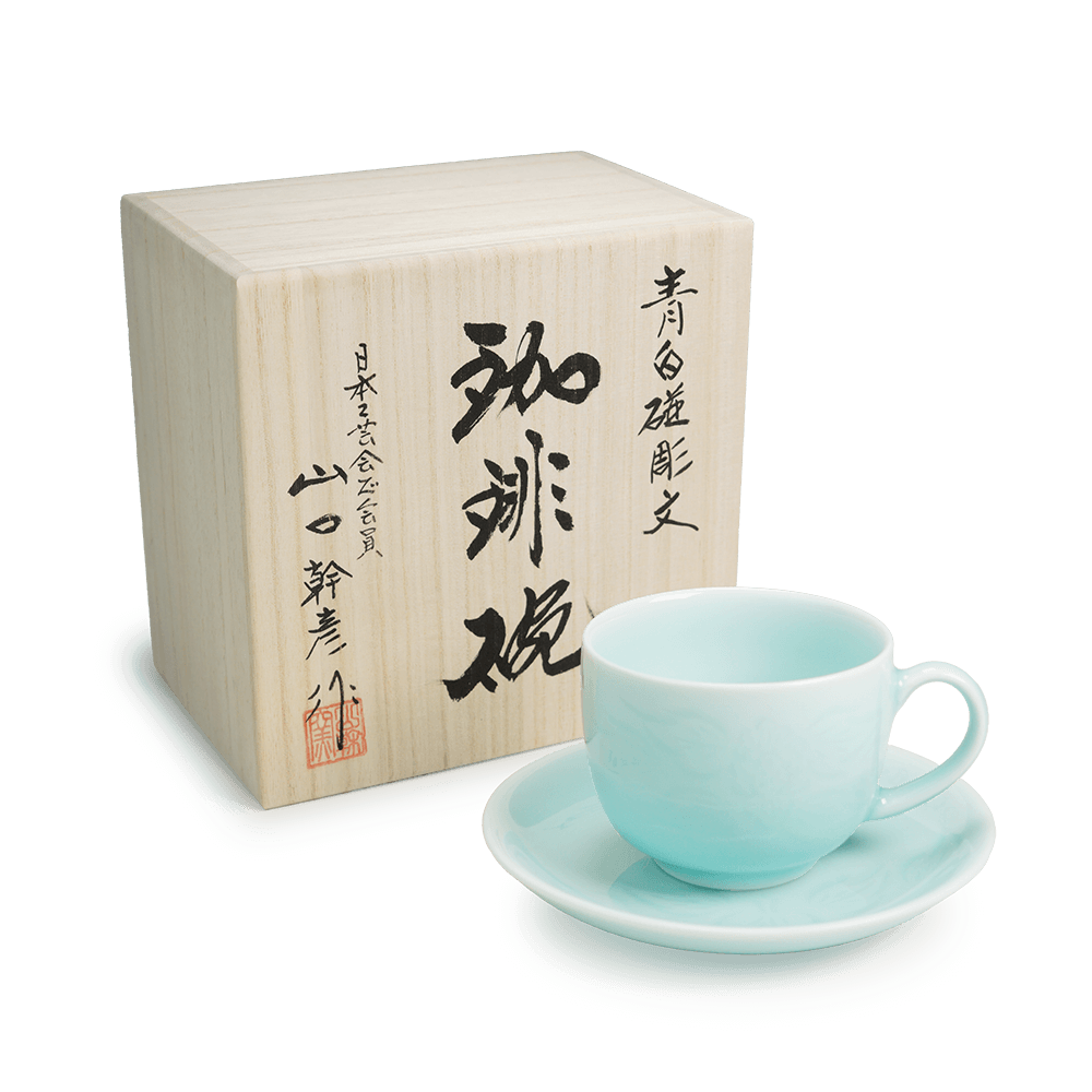 Coffee Cup - Seihakuji Peony Porcelain, Hand Carved by Mikihiko Yamaguchi