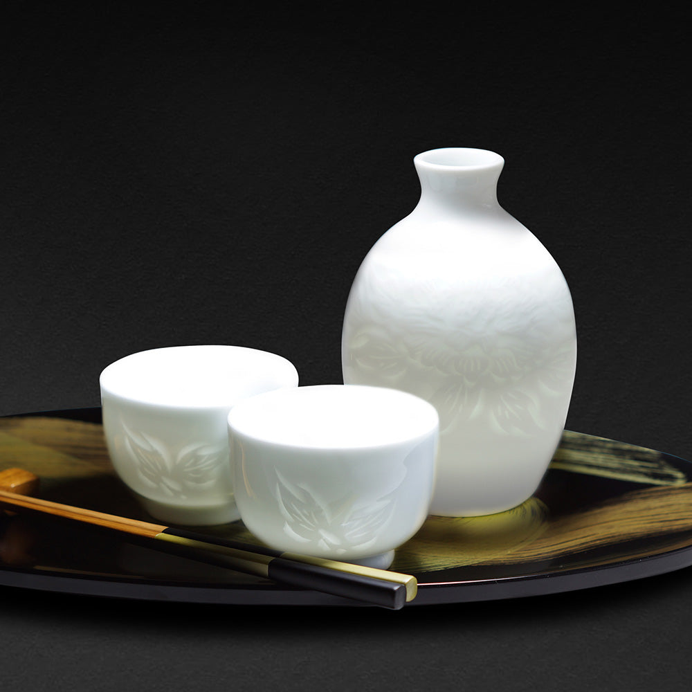 Sake Set - Hakuji Peony Porcelain, Hand Carved by Mikihiko Yamaguchi