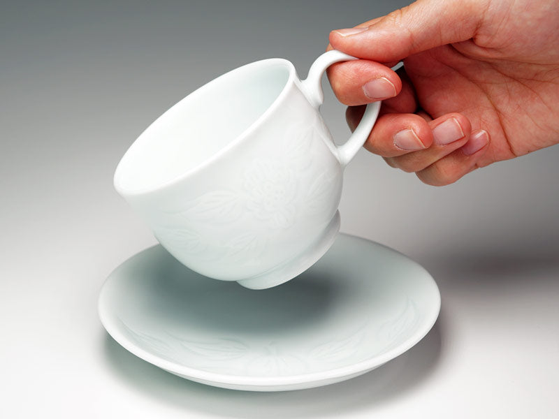 Coffee Cup - Hakuji Peony Porcelain, Hand Carved by Mikihiko Yamaguchi