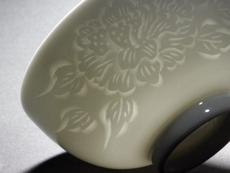 Japanese Pair Rice Bowls - Hakuji Peony Porcelain, Hand Carved by Mikihiko Yamaguchi