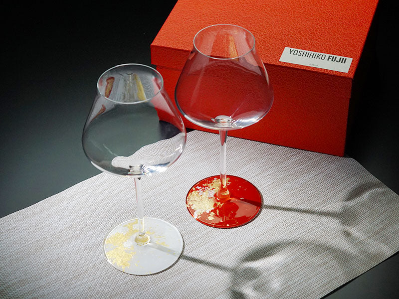 Kishu Lacquerware Red & White Pair Wine Glasses - Gold & Silver Leaf Design
