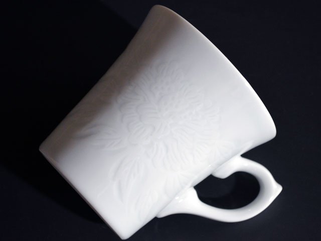 Coffee Mug - Hakuji Peony Porcelain, Hand Carved by Mikihiko Yamaguchi