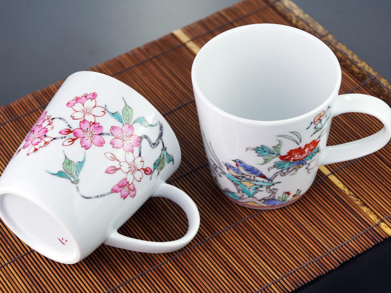 Arita Ware Cherry Blossoms and Birds Pair Coffee Mugs - Hand Written by Obata Yuji