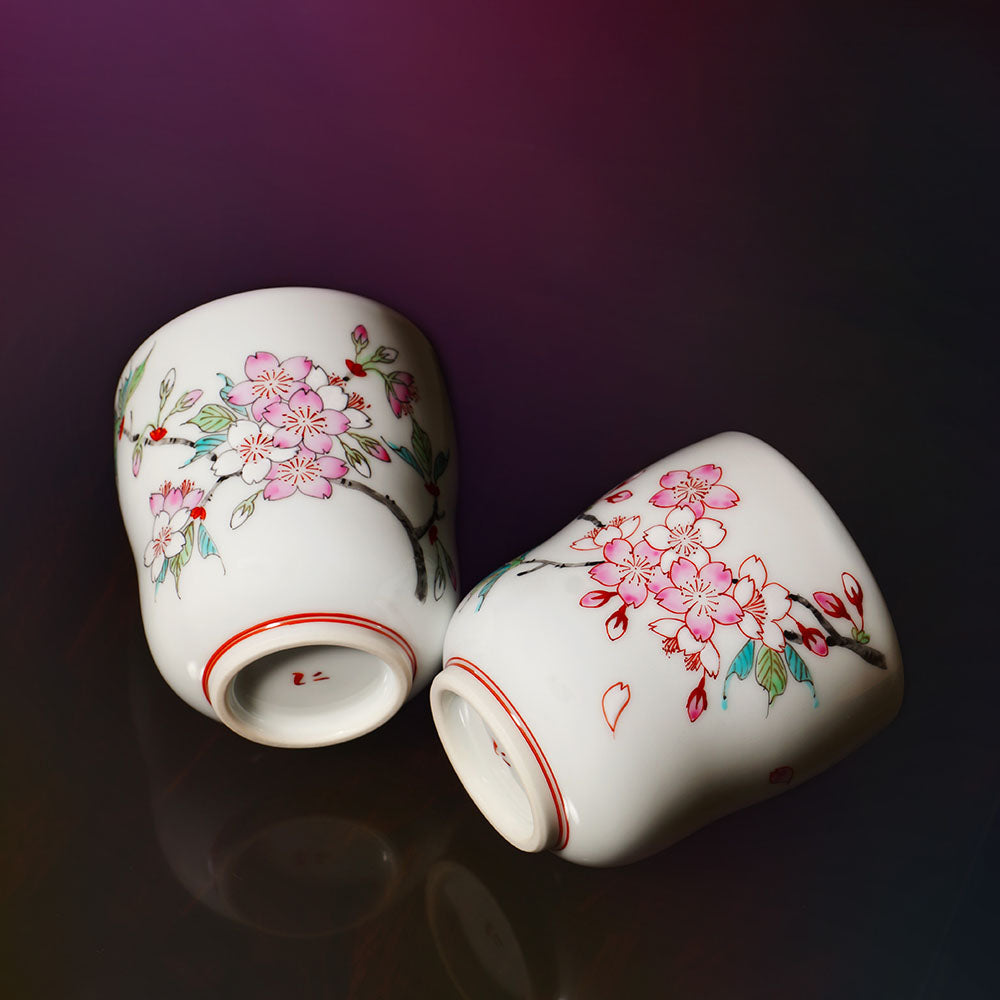 Arita Ware Cherry Blossoms Pair Japanese Tea Cups - Hand Written by Obata Yuji