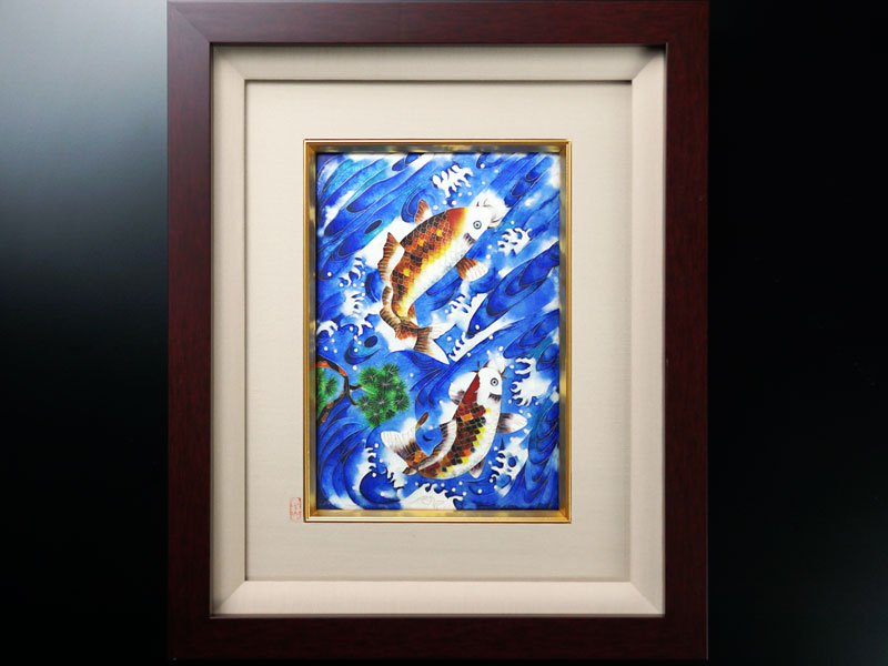 Sankougei Ceramic Framed Artwork “Carp Climbing the Flowing Stream”- Kyoto Shippo