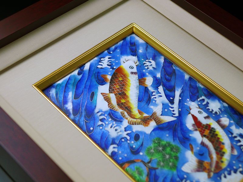 Sankougei Ceramic Framed Artwork “Carp Climbing the Flowing Stream”- Kyoto Shippo