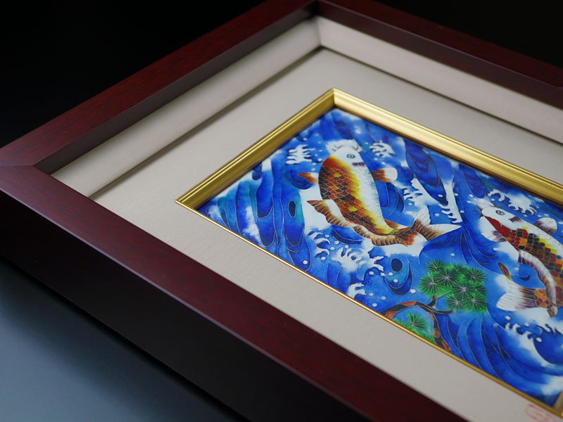 Sankougei Ceramic Framed Artwork “Carp Climbing the Flowing Stream”- Kyoto Shippo