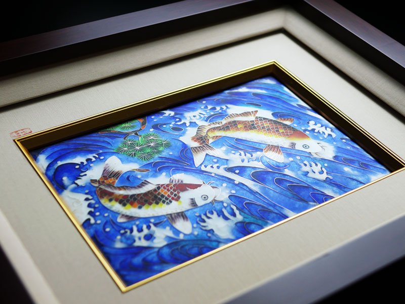 Sankougei Ceramic Framed Artwork “Carp Climbing the Flowing Stream”- Kyoto Shippo