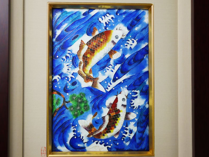 Sankougei Ceramic Framed Artwork “Carp Climbing the Flowing Stream”- Kyoto Shippo