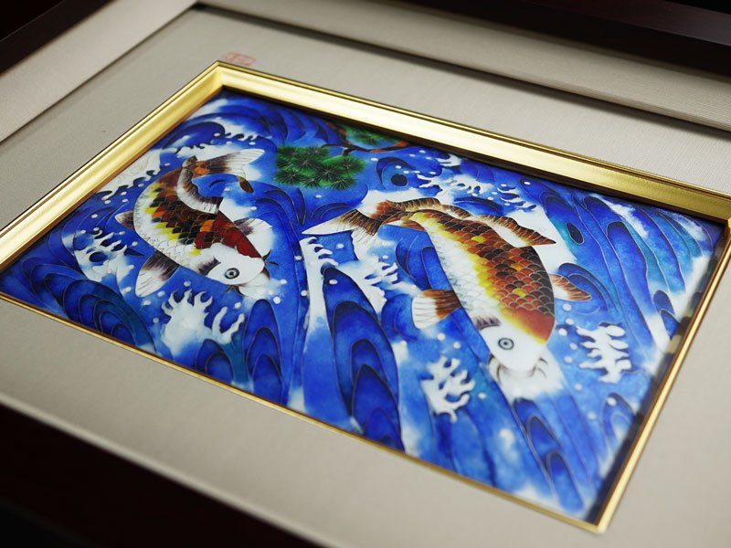 Sankougei Ceramic Framed Artwork “Carp Climbing the Flowing Stream”- Kyoto Shippo