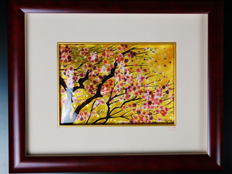 Sankougei Ceramic Framed Artwork “Maruyama Weeping Cherry Blossoms”- Kyoto Shippo