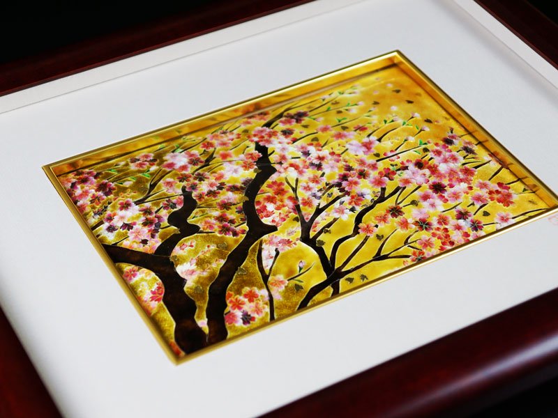 Sankougei Ceramic Framed Artwork “Maruyama Weeping Cherry Blossoms”- Kyoto Shippo