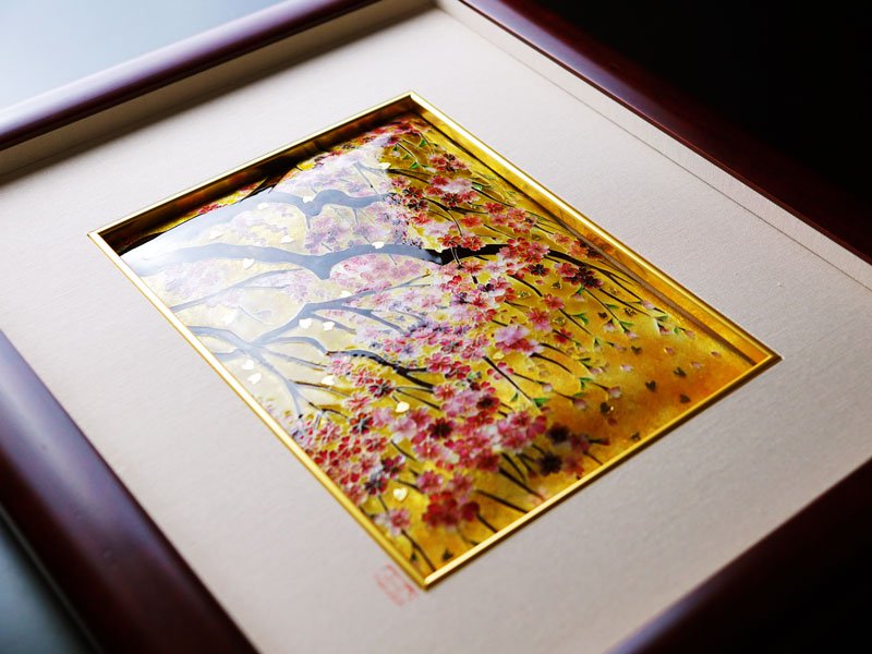 Sankougei Ceramic Framed Artwork “Maruyama Weeping Cherry Blossoms”- Kyoto Shippo