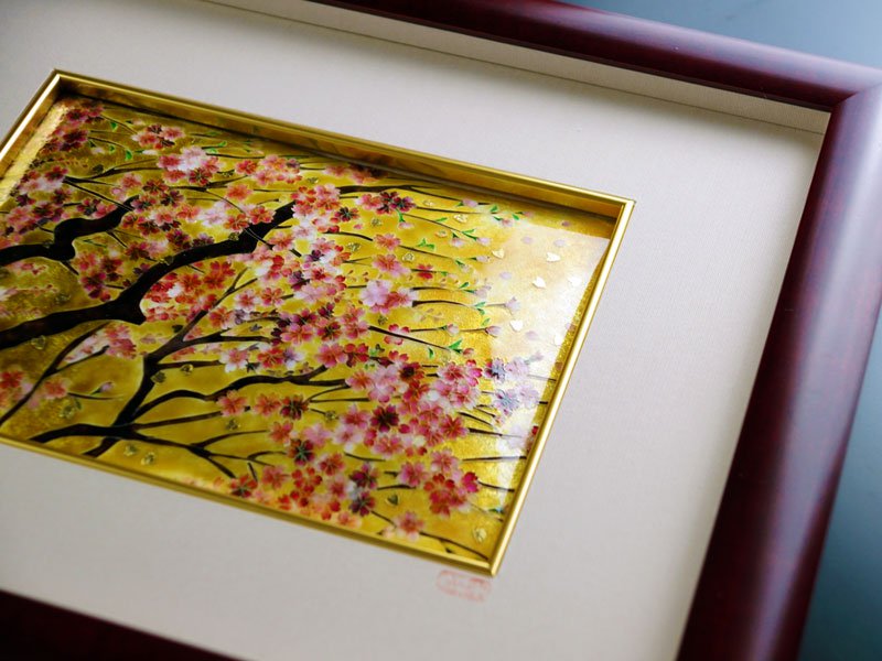 Sankougei Ceramic Framed Artwork “Maruyama Weeping Cherry Blossoms”- Kyoto Shippo