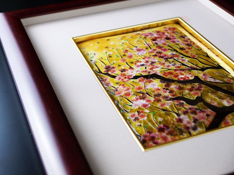 Sankougei Ceramic Framed Artwork “Maruyama Weeping Cherry Blossoms”- Kyoto Shippo