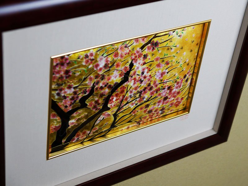 Sankougei Ceramic Framed Artwork “Maruyama Weeping Cherry Blossoms”- Kyoto Shippo