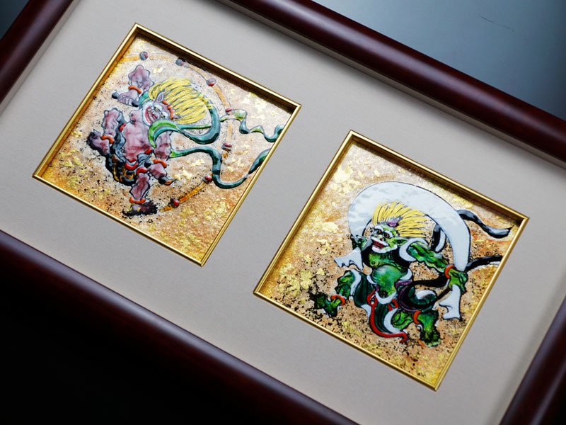 Sankougei Ceramic Framed Artwork “Wind and Thunder Gods”- Kyoto Shippo