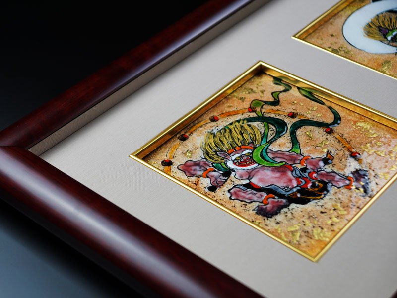 Sankougei Ceramic Framed Artwork “Wind and Thunder Gods”- Kyoto Shippo