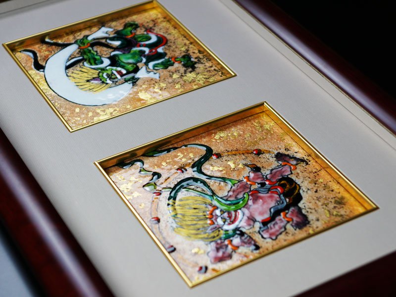 Sankougei Ceramic Framed Artwork “Wind and Thunder Gods”- Kyoto Shippo