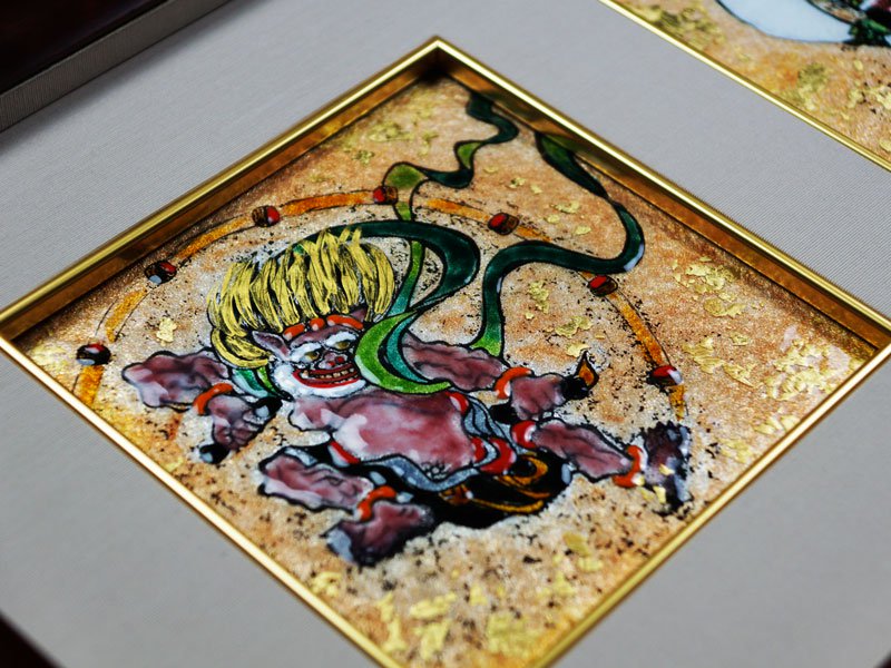 Sankougei Ceramic Framed Artwork “Wind and Thunder Gods”- Kyoto Shippo