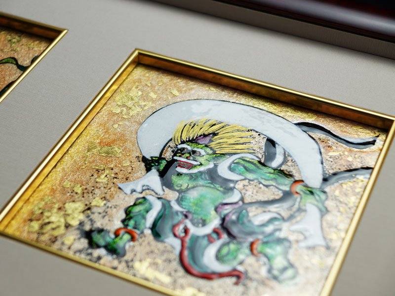 Sankougei Ceramic Framed Artwork “Wind and Thunder Gods”- Kyoto Shippo