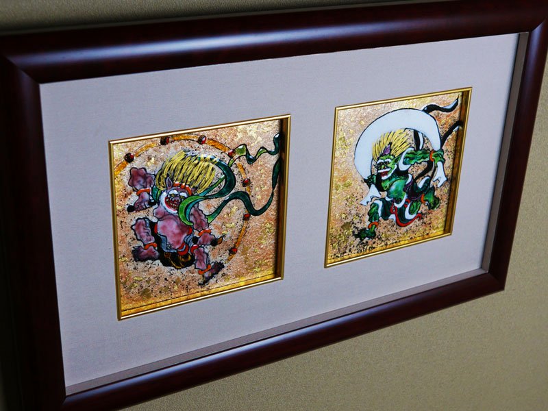 Sankougei Ceramic Framed Artwork “Wind and Thunder Gods”- Kyoto Shippo