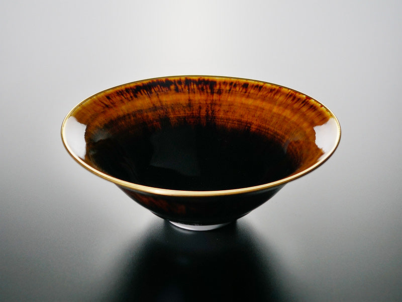 Shinemon Kiln_Flat Matcha Bowl “Tortoiseshell Tenmoku” (with Gold Trim)-Arita Ware