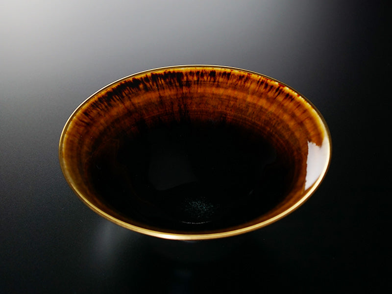 Shinemon Kiln_Flat Matcha Bowl “Tortoiseshell Tenmoku” (with Gold Trim)-Arita Ware