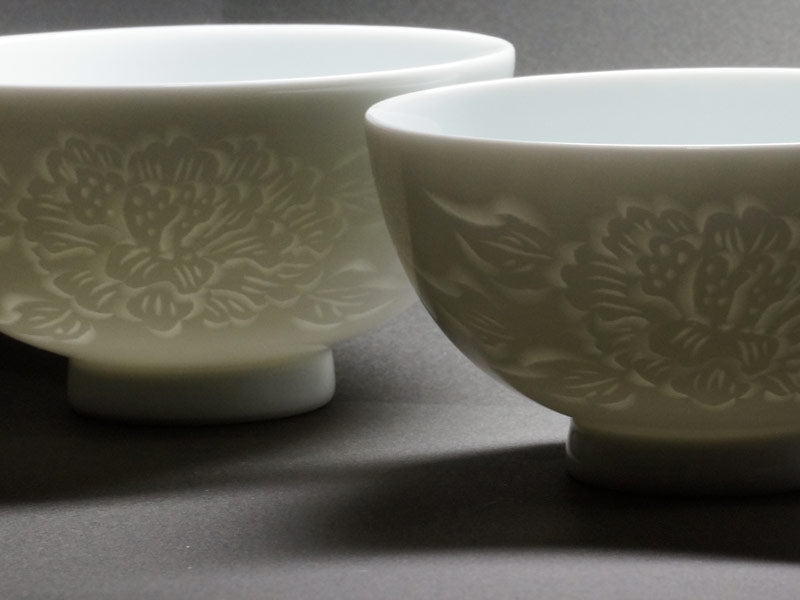 Japanese Pair Rice Bowls - Hakuji Peony Porcelain, Hand Carved by Mikihiko Yamaguchi