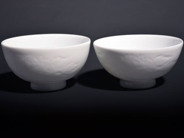 Japanese Pair Rice Bowls - Hakuji Peony Porcelain, Hand Carved by Mikihiko Yamaguchi