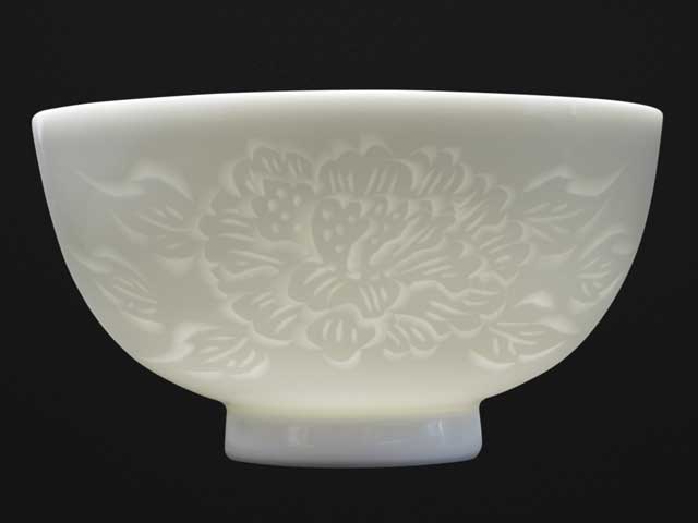 Japanese Pair Rice Bowls - Hakuji Peony Porcelain, Hand Carved by Mikihiko Yamaguchi