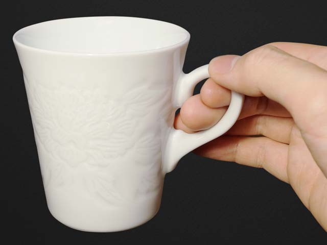 Coffee Mug - Hakuji Peony Porcelain, Hand Carved by Mikihiko Yamaguchi