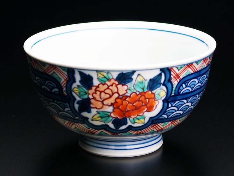 Fuji Kinsai Kiln Somenishiki Cherry Blossom and Peony Porcelain Pair Japanese Rice Bowls - Arita Ware