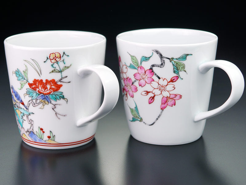 Arita Ware Cherry Blossoms and Birds Pair Coffee Mugs - Hand Written by Obata Yuji