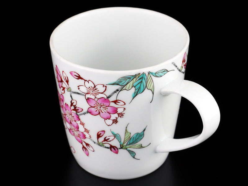 Arita Ware Cherry Blossoms and Birds Pair Coffee Mugs - Hand Written by Obata Yuji